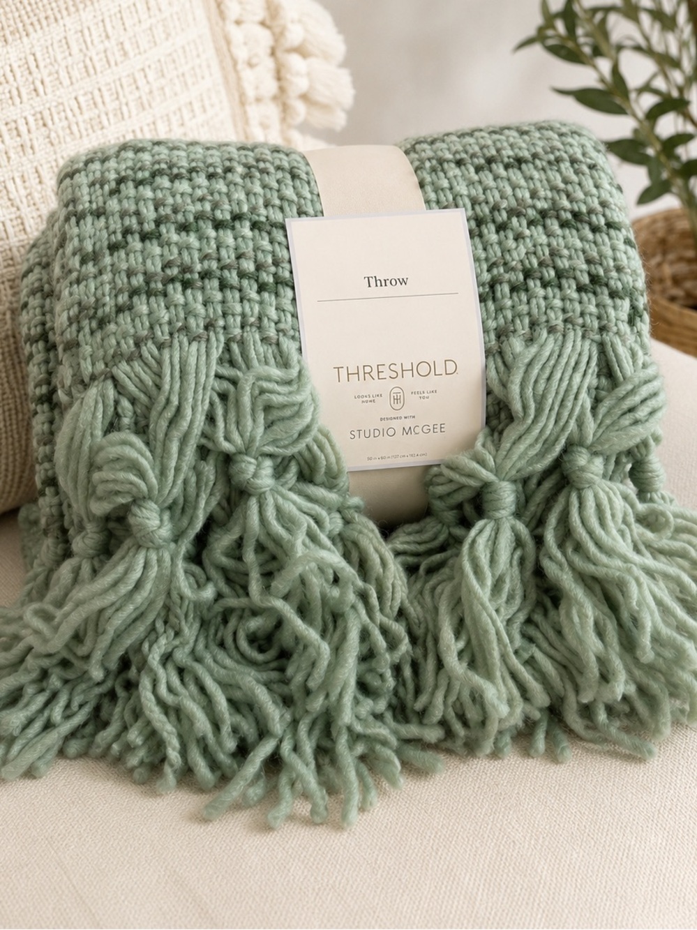 Studio McGee Mint Sage Knit Throw with Fringe
